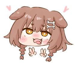 Rule 34 | 1girl, :3, :d, ahegao, animal ear fluff, animal ears, blush, blush stickers, bone hair ornament, braid, bright pupils, brown hair, chibi, commentary request, double v, fangs, hair between eyes, hair ornament, hairclip, half-closed eyes, head, heart, heart-shaped pupils, hololive, inugami korone, long hair, looking at viewer, nekoyama, nose blush, open mouth, simple background, smile, solo, symbol-shaped pupils, twin braids, v, virtual youtuber, white background, white pupils, yellow eyes