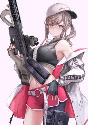 Rule 34 | 1girl, absurdres, aqua eyes, ar-57, ar-57 (girls&#039; frontline), assault rifle, black gloves, black tank top, blonde hair, breasts, carbine, closed mouth, clothes pull, crop top, eye piercing, feet out of frame, fingerless gloves, girls&#039; frontline, gloves, gun, hand on own hip, highres, holding, holding gun, holding weapon, jacket, jacket pull, lithographica, long hair, looking at viewer, medium breasts, navel, open clothes, open jacket, personal defense weapon, pink shorts, pistol-caliber carbine, revision, rifle, shorts, side ponytail, sideboob, solo, standing, submachine gun, tank top, weapon, white background, white headwear, white jacket
