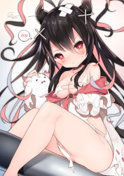 Rule 34 | + +, 1girl, antenna hair, azur lane, bandaged head, bandages, bare shoulders, black choker, black hair, blush, breasts, choker, cisyo, cleavage, collarbone, commentary request, cross hair ornament, hair between eyes, hair ornament, i-168 (azur lane), long hair, looking at viewer, medium breasts, multicolored hair, one-piece swimsuit, pink hair, red eyes, sidelocks, sitting, solo, spoken blush, stuffed animal, stuffed toy, sweatdrop, swimsuit, symbol-shaped pupils, torn clothes, torpedo