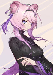 Rule 34 | 1girl, absurdres, animal ears, arknights, black dress, black hairband, blue eyes, breasts, closed mouth, dress, grey background, hairband, highres, lin (arknights), long hair, long sleeves, looking at viewer, medium breasts, mouse ears, pink hair, sao7, sketch, solo, two-tone background, upper body, wide sleeves