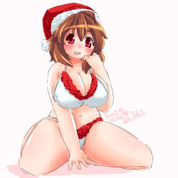 Rule 34 | 10s, 1girl, 2013, bad id, bad pixiv id, bikini, breasts, brown hair, christmas, cleavage, dated, eno konoe, hat, large breasts, looking at viewer, mikomu, navel, original, red eyes, santa hat, short hair, simple background, smile, solo, swimsuit, thick thighs, thighs, white background, white bikini
