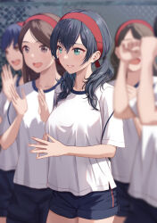 Rule 34 | 5girls, :d, black hair, black shorts, blurry, brown hair, cheering, commentary request, depth of field, green eyes, gym uniform, hair between eyes, hairband, highres, kenzen kanojo uruka-chan, low twintails, multiple girls, open mouth, original, outdoors, parted lips, red hairband, shamakho, shirt, short shorts, short sleeves, shorts, smile, steepled fingers, twintails, uruka (kenzen kanojo uruka-chan), white shirt