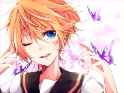 Rule 34 | 1boy, blonde hair, bug, butterfly, earrings, insect, jewelry, kagamine len, migikata no chou (vocaloid), mikan (kuriyu405), nail, nail polish, necktie, one eye closed, purple butterfly, shirt, short hair, short sleeves, solo, upper body, vocaloid, yellow nails