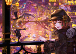 Rule 34 | :d, androgynous, animal ears, backpack, bag, bag charm, bedroll, black headwear, brown eyes, brown hair, charm (object), cityscape, fantasy, flower, gender request, hat, hat flower, highres, light, long sleeves, mask, open mouth, original, pointing, purple eyes, railing, sho (sumika), short hair, smile, standing, top hat, whale