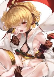Rule 34 | 1girl, absurdres, andira (granblue fantasy), animal ears, barefoot, blonde hair, blush, breasts, detached sleeves, erune, granblue fantasy, highres, indian style, looking at viewer, maou (maoudaisukiya), monkey ears, monkey tail, one eye closed, open mouth, red eyes, short hair, simple background, sitting, small breasts, solo, tail, tears, teeth, white background