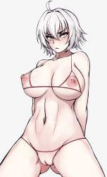 Rule 34 | 1girl, ahoge, ass, bikini, blush, breasts, cowboy shot, crotchless, crotchless swimsuit, fate/grand order, fate (series), hair between eyes, highres, jangif, jeanne d&#039;arc (fate), jeanne d&#039;arc alter (avenger) (fate), jeanne d&#039;arc alter (fate), large breasts, looking at viewer, looking away, micro bikini, navel, nipples, nose blush, puffy nipples, pussy, short hair, silver hair, solo, swimsuit, uncensored, yellow eyes