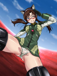 Rule 34 | 00s, 1girl, animal ears, blue eyes, breasts, brown hair, cameltoe, covered erect nipples, evangelion: 2.0 you can (not) advance, glasses, hairband, headband, hirokawa kouichirou, long hair, makinami mari illustrious, neon genesis evangelion, one eye closed, panties, pantyshot, plugsuit, rebuild of evangelion, salute, small breasts, solo, spread legs, strike witches, striker unit, thighs, twintails, underwear, wink, world witches series