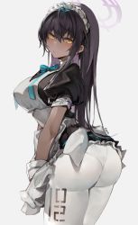 Rule 34 | 1girl, absurdres, apron, black hair, blue archive, blush, bow, bowtie, breasts, dark-skinned female, dark skin, from side, gloves, halo, highres, karin (blue archive), kitere, large breasts, long hair, looking at viewer, maid, maid apron, maid headdress, pantyhose, puffy short sleeves, puffy sleeves, short sleeves, simple background, solo, white background, white gloves, white pantyhose, yellow eyes