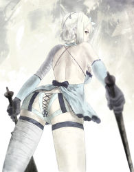 Rule 34 | 1girl, ass, back, backless outfit, bad id, bad pixiv id, bandages, bare back, blurry, braid, butt crack, depth of field, elbow gloves, fukuhara tetsuya, gloves, highres, kaine (nier), lingerie, looking back, negligee, nier, nier (series), panties, ribbon, short hair, solo, sword, underwear, weapon, white hair, white panties, yellow eyes