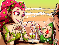 Rule 34 | 2boys, 2girls, blonde hair, cloud, cloudy sky, colored eyelashes, cup, dating, drinking, drinking glass, drinking straw, great fairy (zelda), hat, heart, hetero, hyrule warriors, link, multiple boys, multiple girls, nail polish, nintendo, orange eyes, pink hair, princess zelda, red eyes, red nose, setz, sky, the legend of zelda, the legend of zelda: ocarina of time, thumbs up, tingle, wine glass