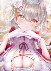 Rule 34 | 1girl, blush, breasts, cleavage cutout, closed mouth, clothing cutout, commission, gendou pose, gloves, grey hair, hair tubes, hands clasped, head rest, highres, interlocked fingers, japanese clothes, kimono, lace, lace-trimmed kimono, lace trim, large breasts, looking at viewer, mole, mole under eye, nontraditional miko, original, own hands clasped, own hands together, portrait, sarashi, seta (seta105), short hair with long locks, sidelocks, skeb commission, solo, white gloves, yellow eyes