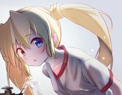 Rule 34 | 1girl, alternate costume, blonde hair, blue eyes, blush, chestnut mouth, close-up, collarbone, commentary request, eyelashes, grey background, gym uniform, hair between eyes, heterochromia, leaning forward, light particles, long hair, looking at viewer, nakatsu shizuru, open mouth, rewrite, shirt, short sleeves, simple background, solo, sparkle, tagame (tagamecat), twintails, water, water stream, white shirt, yellow eyes