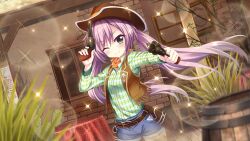 Rule 34 | 1girl, aiming, aiming at viewer, bandana, barrel, blurry, blurry background, brick wall, brown hat, brown vest, bulletin board, closed mouth, cowboy, cowboy hat, cowboy western, denim, denim shorts, dot nose, dual wielding, dutch angle, film grain, finger on trigger, game cg, green eyes, green shirt, gun, handgun, hat, holding, izumi tsubasu, leather vest, lens flare, long hair, long sleeves, looking at viewer, misaki sango, non-web source, official art, one eye closed, orange bandana, plaid, plaid shirt, purple hair, re:stage!, round table, shirt, short shorts, shorts, smile, solo, sparkle, star (symbol), table, tablecloth, twintails, vest, weapon, weapon request, western, window, wooden chair