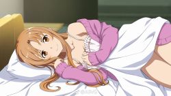 Rule 34 | 1girl, asuna (sao), bed, bedroom, breasts, brown eyes, brown hair, cardigan, cleavage, collarbone, cowboy shot, from side, game cg, highres, indoors, long hair, looking at viewer, lying, medium breasts, official art, on side, open cardigan, open clothes, purple sweater, shirt, sleeveless, sleeveless shirt, smile, solo, sword art online, white shirt