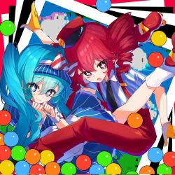 Rule 34 | 2girls, 9wkmortravcefec, abstract background, album cover redraw, black necktie, blue dress, blue eyes, blue hair, closed mouth, collared shirt, corrupted twitter file, derivative work, dress, drill hair, gloves, hat, hatsune miku, highres, kasane teto, long hair, mesmerizer (vocaloid), multiple girls, necktie, open mouth, pants, pink eyes, pink hair, pink hat, pink pants, pinstripe dress, pinstripe pattern, puffy short sleeves, puffy sleeves, shirt, short sleeves, smile, sparkling eyes, striped clothes, striped shirt, suspenders, twin drills, twintails, utau, very long hair, vocaloid, yellow gloves