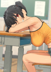 1girl blurry blurry_background blush breasts camisole chair clenched_teeth commentary_request dated denim denim_shorts gaki_kyonyuu grey_shorts grin hanging_breasts highres kaedeko_(kaedelic) large_breasts looking_at_viewer midriff on_chair oppai_loli red_eyes sasaki_kanna shorts signature sitting smile solo table teeth thighs twintails yellow_camisole