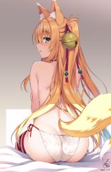 Rule 34 | 1girl, animal ear fluff, animal ears, ass, back, bare shoulders, bell, blonde hair, commentary request, fox ears, fox girl, fox tail, from behind, green eyes, highres, jingle bell, long hair, looking at viewer, looking back, one side up, original, panties, parted lips, red ribbon, ribbon, side-tie panties, sitting, solo, tail, topless, underwear, underwear only, wet, white panties, yuzu modoki