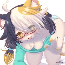 1girl @_@ ahoge animal_ear_fluff animal_ears black_hair blonde_hair blush breasts cat_ears cat_girl cleavage collarbone crawling fang furry furry_female glasses low_twintails multicolored_hair off-shoulder_shirt off_shoulder open_mouth panties racal_ra reaching reaching_towards_viewer scrunchie shirt short_tail skin_fang small_breasts solo striped_clothes striped_panties sweatdrop tail twintails underwear whiskers white_fur white_hair yellow_eyes yellow_nails