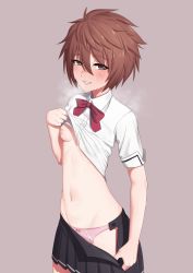 Rule 34 | 1girl, absurdres, black skirt, blush, breasts, brown eyes, brown hair, clothes lift, collared shirt, commentary request, cowboy shot, hair between eyes, highres, inverted nipples, kobayakawa yuuka, lifting own clothes, looking at viewer, miniskirt, navel, neck ribbon, nipples, no bra, one breast out, open clothes, open fly, open skirt, panties, parted lips, pink lips, pink panties, pleated skirt, purple background, purple ribbon, putcher, ribbon, shirt, shirt lift, short hair, short sleeves, shoujo-tachi wa kouya wo mezasu, simple background, skirt, small breasts, smile, solo, steaming body, stomach, tomboy, underwear, white shirt, wing collar