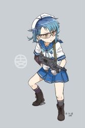 Rule 34 | 1girl, black footwear, blue hair, blue neckwear, blue sailor collar, blue skirt, boots, brown eyes, cross-laced footwear, firearm request, fukae (kancolle), full body, grey background, gun, hat, kantai collection, kawashina (momen silicon), lace-up boots, safety glasses, sailor collar, sailor hat, school uniform, serafuku, short hair, simple background, skirt, solo, weapon, white hat