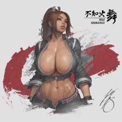 1girl breasts brown_hair bursting_breasts cleavage curvy fatal_fury fatal_fury:_city_of_the_wolves highres huge_breasts ickpot legs midriff navel parted_lips shiranui_mai snk solo the_king_of_fighters thick_thighs thighs thong toned whale_tail_(clothing)