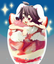 Rule 34 | 1girl, 758 (srm), animal ears, black hair, cup, female focus, food, fruit, in container, in cup, in food, inaba tewi, mini person, minigirl, rabbit ears, short hair, solo, strawberry, sweets, touhou