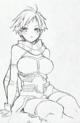 Rule 34 | 1girl, breasts, earrings, fingerless gloves, gloves, greyscale, highres, jewelry, large breasts, looking at viewer, medium breasts, midriff, monochrome, murata tefu, navel, scarf, short hair, simple background, skirt, solo, star ocean, star ocean anamnesis, star ocean till the end of time, thighhighs, tynave, white background