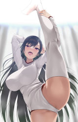 Rule 34 | 1girl, :d, amasora taichi, arm behind head, arms up, backlighting, black hair, blush, breasts, large breasts, leg up, leotard, long hair, long sleeves, looking at viewer, no shoes, open mouth, original, purple eyes, saliva, smile, solo, split, standing, standing on one leg, standing split, straight hair, thighs, very long hair, white leotard
