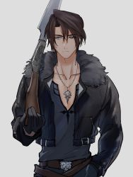 Rule 34 | 1boy, asymmetrical hair, belt, black gloves, black jacket, blue eyes, brown hair, chain, chain necklace, collarbone, cowboy shot, cropped jacket, final fantasy, final fantasy viii, fur trim, gloves, grey background, grey shirt, gunblade, hand in pocket, highres, jacket, jewelry, leather, leather jacket, long sleeves, looking to the side, loose belt, male focus, multiple belts, necklace, over shoulder, parted bangs, scar, scar on face, shio ga, shirt, short hair, solo, squall leonhart, weapon, weapon over shoulder