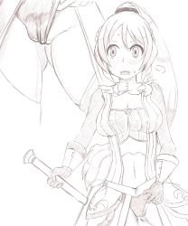 Rule 34 | 1girl, absurdres, adjusting clothes, blush, breasts, cameltoe, cleavage, covered erect nipples, detached collar, female focus, gloves, greyscale, hair ornament, hair tie, highres, holding, holding sword, holding weapon, large breasts, legs apart, long hair, long sleeves, looking to the side, magia record: mahou shoujo madoka magica gaiden, mahou shoujo madoka magica, midriff, monochrome, multiple views, nakanun, navel, open mouth, partially visible vulva, ponytail, simple background, skindentation, standing, steam, sweat, sword, teeth, togame momoko, weapon, white background, zoom layer
