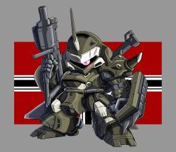 Rule 34 | alternate color, arm shield, commentary request, full body, gun, gundam, gundam 0080, holding, holding gun, holding weapon, horns, kampfer (mobile suit), legs apart, looking at viewer, mecha, mecha focus, mobile suit, no humans, one-eyed, red eyes, redesign, robot, science fiction, sd gundam, shoulder spikes, single horn, solo, spikes, standing, sword, takaba akinori, weapon, weapon on back, zeon