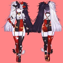 1girl, absurdres, ankle wings, bat hair ornament, big hair, black hair, boots, breasts, character profile, clothing cutout, colored skin, commentary, contrapposto, cross, cross choker, cross earrings, cross hair ornament, draculita, dress, earrings, english commentary, eyeball hair ornament, eyeshadow, garter straps, gloves, grey skin, hair ornament, hand on hip, heart cutout, high heel boots, high heels, highres, indie virtual youtuber, jewelry, jjinomu, long hair, looking at viewer, makeup, microdress, mismatched gloves, multicolored hair, multiple views, pale skin, pink eyes, pink hair, puffy short sleeves, puffy sleeves, red eyeshadow, red gloves, short sleeves, small breasts, thigh boots, thighhighs, torn clothes, torn gloves, torn legwear, turnaround, two-tone hair, vampire, white hair, wide hips, wing hair ornament, wristlet
