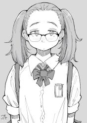 Rule 34 | 1girl, blush, bow, dated, glasses, grey background, greyscale, hadashi no kenji, highres, id card, looking at viewer, monochrome, original, school uniform, shirt, short sleeves, solo, twintails, upper body, white shirt