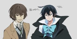 Rule 34 | 2boys, bandaged neck, bandages, black coat, black vest, blue bow, blue bowtie, blue vest, bow, bowtie, brown coat, brown eyes, brown hair, closed mouth, coat, collared shirt, dazai osamu (bungou stray dogs), earrings, grey background, jewelry, looking at viewer, male focus, mm (motot), multiple boys, parted lips, shirt, simple background, smile, upper body, vanitas (vanitas no carte), vanitas no carte, vest, white shirt