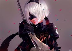 Rule 34 | 1girl, artist request, black blindfold, black gloves, black hairband, blindfold, covered eyes, gloves, grey background, hairband, highres, juliet sleeves, long sleeves, nier (series), nier:automata, puffy sleeves, red lips, short hair, silver hair, simple background, solo, sword, turtleneck, upper body, vambraces, weapon, 2b (nier:automata)