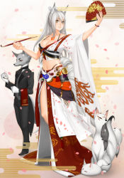 Rule 34 | 1girl, animal ears, bracelet, breasts, butler, cleavage, hand fan, fox, gloves, holding, japanese clothes, jewelry, kazakami yuu, kiseru, large breasts, long hair, looking at viewer, midriff, original, parted lips, smoking pipe, pixiv fantasia, pixiv fantasia fallen kings, pocket watch, ponytail, ribbon-trimmed clothes, ribbon trim, grey eyes, silver hair, tattoo, watch, yellow eyes