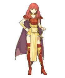 Rule 34 | 1girl, armor, bandaged arm, bandages, breastplate, cape, celica (fire emblem), fire emblem, fire emblem gaiden, fire emblem heroes, full body, hand on own hip, hidari (left side), high heels, highres, long hair, looking at viewer, nintendo, non-web source, official art, pelvic curtain, red eyes, red hair, sheath, sheathed, smile, solo, standing, sword, thighhighs, transparent background, weapon