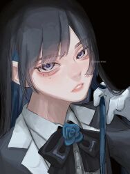 Rule 34 | 1girl, ado (utaite), aegyo sal, black background, black bow, black bowtie, black coat, black hair, blue eyes, blue flower, blue hair, blue rose, bow, bowtie, chando (ado), cloud nine inc, coat, collared shirt, colored inner hair, commentary, dress shirt, flower, flower brooch, gloves, highres, long hair, looking at viewer, mole, mole under eye, multicolored hair, open clothes, open coat, parted lips, rose, shirt, simple background, solo, symbol-only commentary, twitter username, two-tone hair, upper body, utaite, white gloves, white shirt, yurosuke