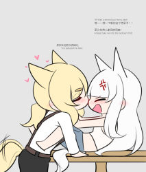 Rule 34 | 2girls, absurdres, afterimage, anger vein, animal ears, arknights, black pants, blonde hair, blush, chibi, chinese text, crop top, ear blush, english text, closed eyes, grey background, heart, highres, horse ears, horse girl, horse tail, kiss, long sleeves, mixed-language text, multiple girls, nearl (arknights), on table, open mouth, pants, platinum (arknights), ponytail, pushing away, shirt, simple background, supershrimpcakes, table, tail, tail wagging, tank top, white hair, white shirt, white tank top, yuri