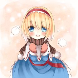 Rule 34 | 1girl, alice margatroid, blonde hair, blue eyes, blush, brown scarf, female focus, hairband, mittens, scarf, short hair, smile, solo, striped clothes, striped scarf, touhou, yuya (night lily)