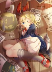 Rule 34 | 1girl, absurdres, ahoge, annette (king&#039;s raid), bad id, bad pixiv id, blonde hair, blue cardigan, blue eyes, blush, book, bow, bowtie, cardigan, character name, commentary request, full body, grey socks, hair between eyes, hair bow, high heels, highres, huge filesize, indoors, king&#039;s raid, kneehighs, looking at viewer, lying, mary janes, medium hair, mitsuhamochi, on side, open cardigan, open clothes, open mouth, papers, pleated skirt, red bow, red bowtie, red footwear, sailor collar, shirt, shoes, skirt, socks, solo, white sailor collar, white shirt, white skirt, wooden floor