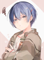 Rule 34 | 1boy, :t, aoyagi touya, blue eyes, blue hair, blush, brown background, brown jacket, closed mouth, commentary request, crossed arms, ear piercing, earrings, hair between eyes, hair ornament, hairclip, jacket, jewelry, kuroi (liar-player), long sleeves, looking at viewer, male focus, mole, mole under eye, open clothes, open jacket, piercing, pout, project sekai, puffy long sleeves, puffy sleeves, shirt, solo, squiggle, twitter username, two-tone background, upper body, white background, white shirt