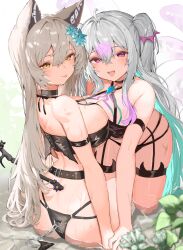Rule 34 | 2girls, :d, :p, absurdres, all fours, animal ears, aqua hair, arm strap, ass, bare shoulders, belt, bikini, black bikini, black choker, breast press, breasts, brown hair, chain, choker, cleavage, closed mouth, colored inner hair, commission, commissioner upload, euphemia chevalier, fake tail, fang, grey hair, highres, indie virtual youtuber, large breasts, long hair, looking at viewer, looking back, multicolored hair, multiple girls, open mouth, orange eyes, purple eyes, second-party source, shallow water, sitting, skeb commission, skindentation, smile, sorotu, swimsuit, symmetrical docking, tail, thigh strap, tongue, tongue out, two-tone hair, two side up, very long hair, water