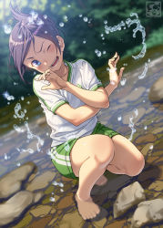 Rule 34 | 1girl, barefoot, blue eyes, blush, forest, gym shirt, gym shorts, gym uniform, highres, nature, one eye closed, open mouth, original, pairan, playing, purple hair, river, shallow water, shirt, shorts, smile, stone, teeth, wading, water, watermark
