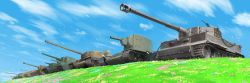 Rule 34 | artist name, caterpillar tracks, cloud, commentary request, cross, dated, day, elefant, emblem, flower, grass, highres, iron cross, is-3, kv-2, military, military vehicle, motor vehicle, narotake, no humans, o-i (tank), original, sky, tank, tiger i, vehicle focus, world of tanks