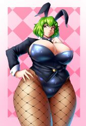 Rule 34 | 1girl, absurdres, animal ears, black leotard, breasts, cleavage, closed mouth, commentary, english commentary, fishnet pantyhose, fishnets, green hair, highres, huge breasts, kazami yuuka, leotard, long sleeves, looking to the side, pantyhose, pink background, playboy bunny, rabbit ears, red eyes, short hair, solo, spookoarts, touhou