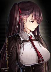 Rule 34 | 1girl, absurdres, black skirt, blazer, blush, bra, breasts, collared shirt, commentary request, dated, framed breasts, girls&#039; frontline, haguruma c, hair ribbon, half updo, high-waist skirt, highres, indoors, jacket, large breasts, light particles, long hair, looking away, necktie, night, one side up, open mouth, purple hair, red eyes, red necktie, ribbon, see-through, shirt, sidelocks, signature, skirt, solo, strap, striped clothes, striped shirt, tsurime, underwear, upper body, very long hair, wa2000 (girls&#039; frontline), window, window blinds