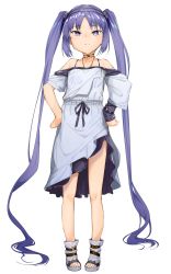 Rule 34 | 1girl, absurdly long hair, asymmetrical sleeves, bare shoulders, blush, breasts, collarbone, diadem, dress, fate/hollow ataraxia, fate (series), full body, highres, jewelry, long hair, looking at viewer, neck ring, necklace, parted bangs, purple eyes, purple hair, sandals, sidelocks, small breasts, smile, solo, twintails, uno ryoku, very long hair, white dress