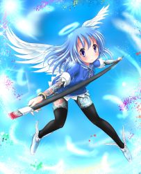 Rule 34 | 1girl, angel, angel wings, arm tattoo, blue hair, blush, breasts, costume, full-body tattoo, halo, highres, long hair, looking at viewer, nail polish, purple eyes, seiji (artist), smile, solo, tattoo, white wings, wings