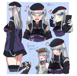 Rule 34 | 2girls, ?, alternate hairstyle, beret, black headwear, black skirt, blunt bangs, blush, breasts, brown eyes, cellphone, facial mark, fang, g11 (girls&#039; frontline), girls&#039; frontline, goggles, goggles around neck, green eyes, hair between eyes, hair ornament, hat, heart, highres, hk416 (girls&#039; frontline), holding, holding phone, jacket, large breasts, long hair, long sleeves, looking at viewer, multiple girls, ooyun, open mouth, phone, pleated skirt, scarf, selfie, silver hair, skirt, smartphone, spoken heart, spoken question mark, thighhighs, thighs, twintails, v
